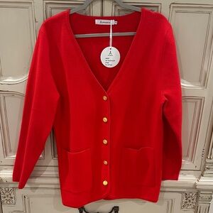 Red V-Neck Cardigan Sweater with Gold Buttons